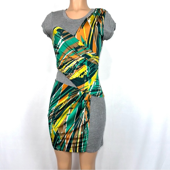 BCBG Maxazria Women’s S Bodycon Stretch Green Tide Multi Jersey Dress Short Slv - Picture 2 of 10